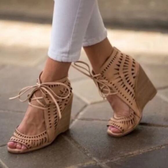 Jeffery Campbell | ‘Rodillo Hi’ Nude Leather Geometric Cut-Out Wedge Sandals 8.5 - Picture 3 of 9